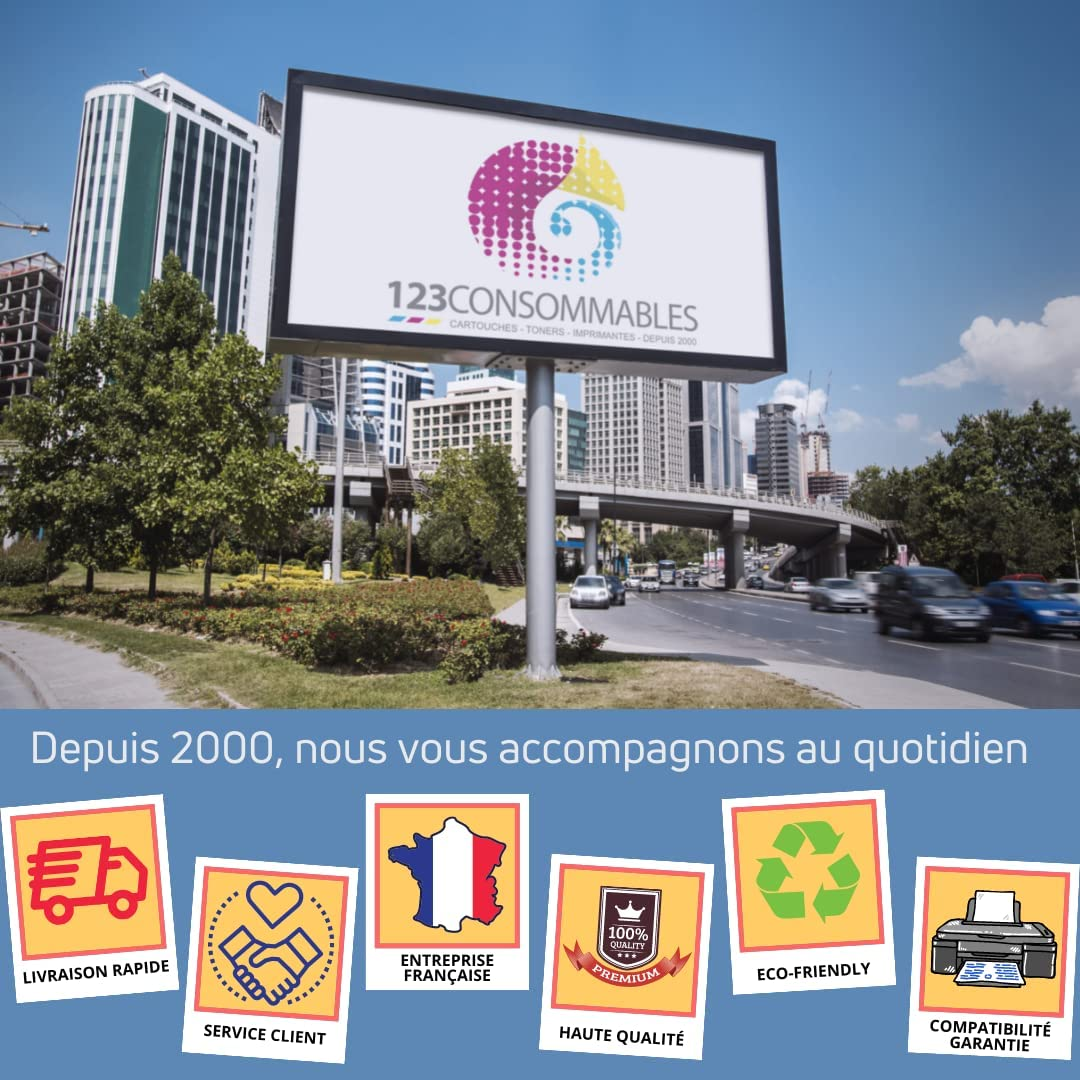 Cartellone per 123Consommables con icone per consegna, servizio clienti, Francia, qualità, eco e stampante.
