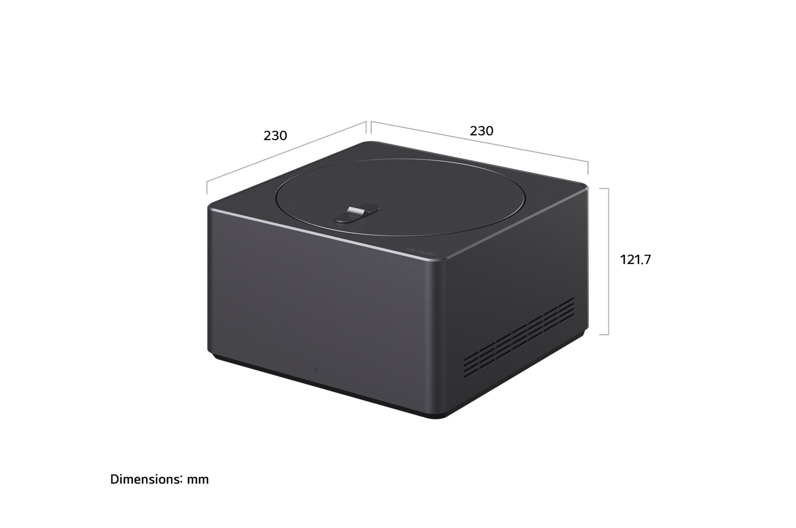 Cubo grigio con maniglia argentata e dimensioni 230x230x121,7 mm.