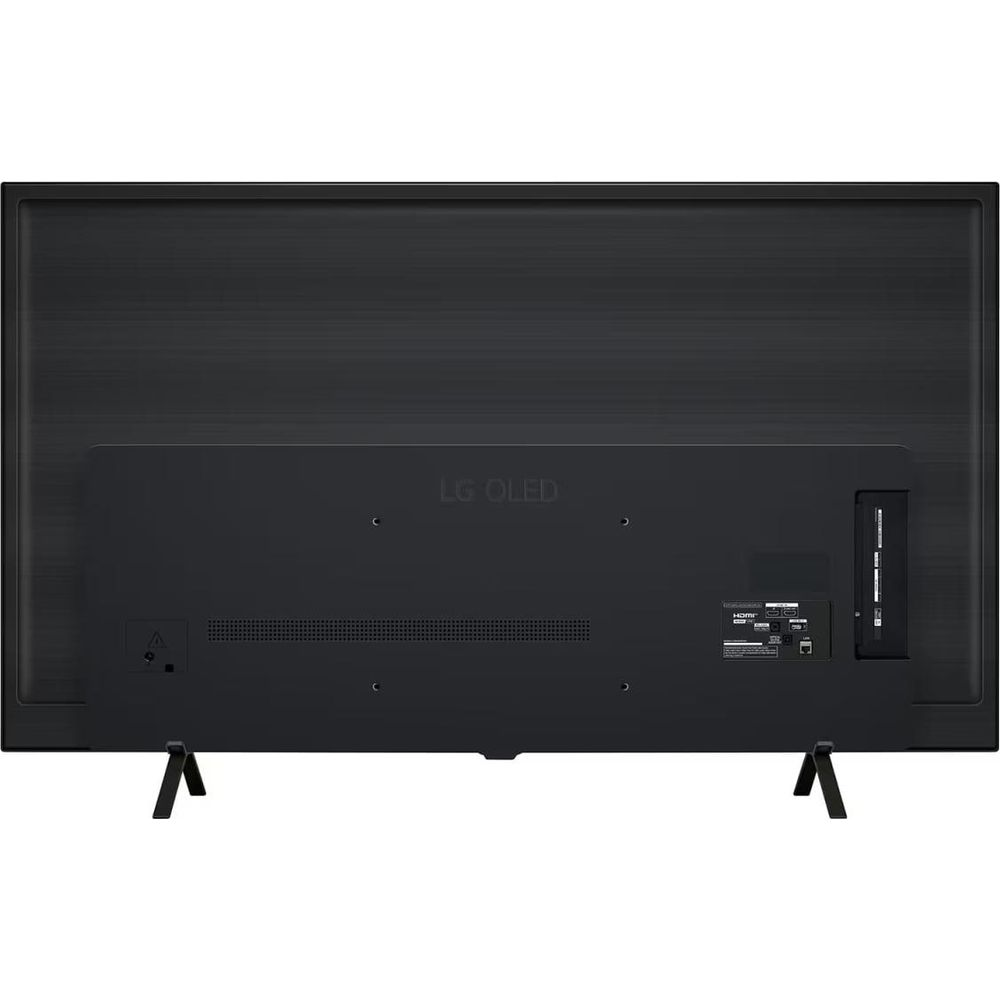 Retro di una TV LG OLED nera con porte e piedini visibili.