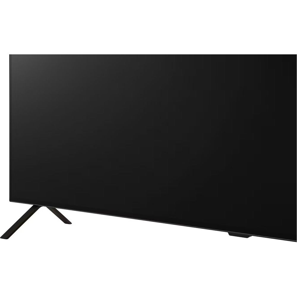 Primo piano di un televisore nero con un supporto sottile.