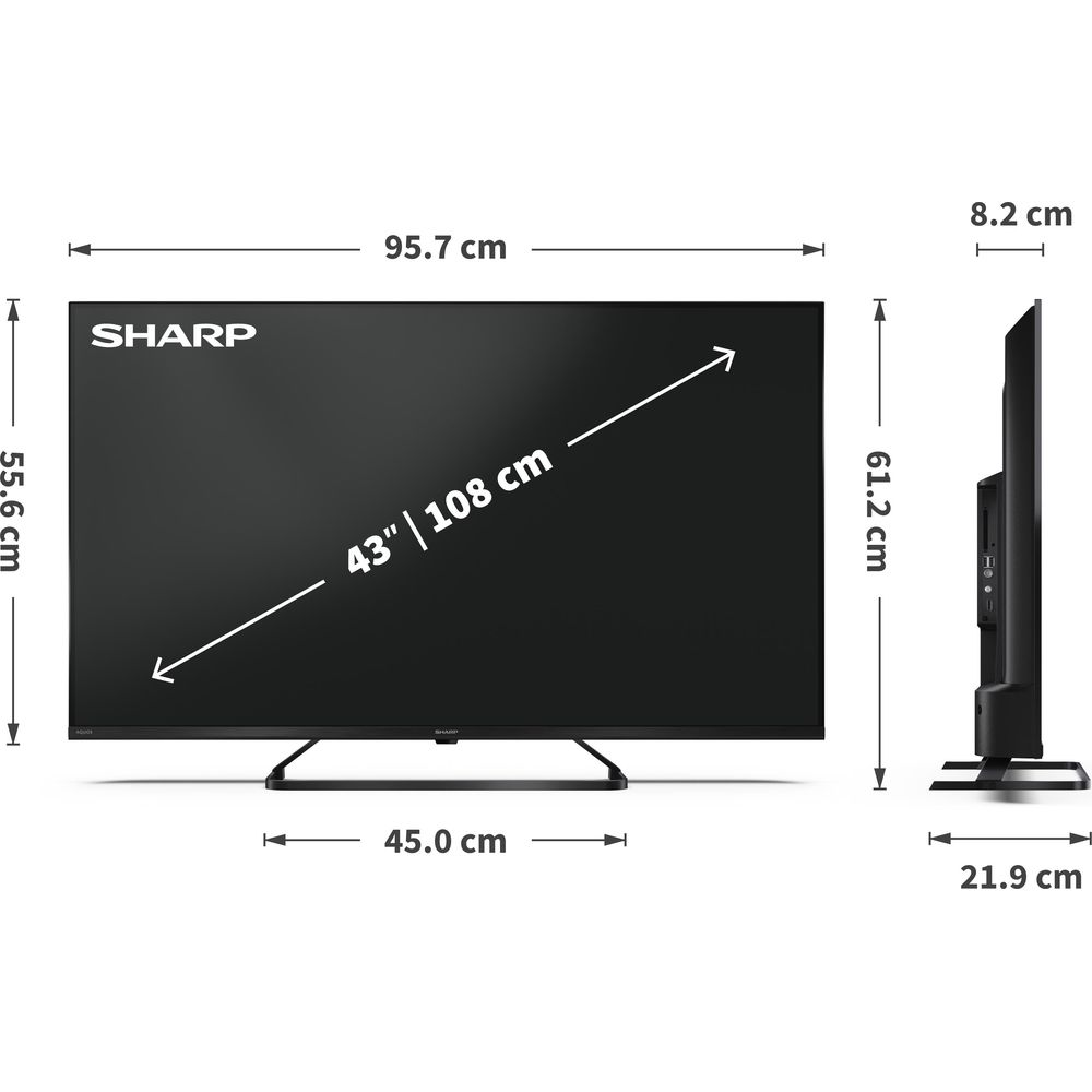 Un téléviseur Sharp de 43 pouces avec dimensions et vue latérale.
