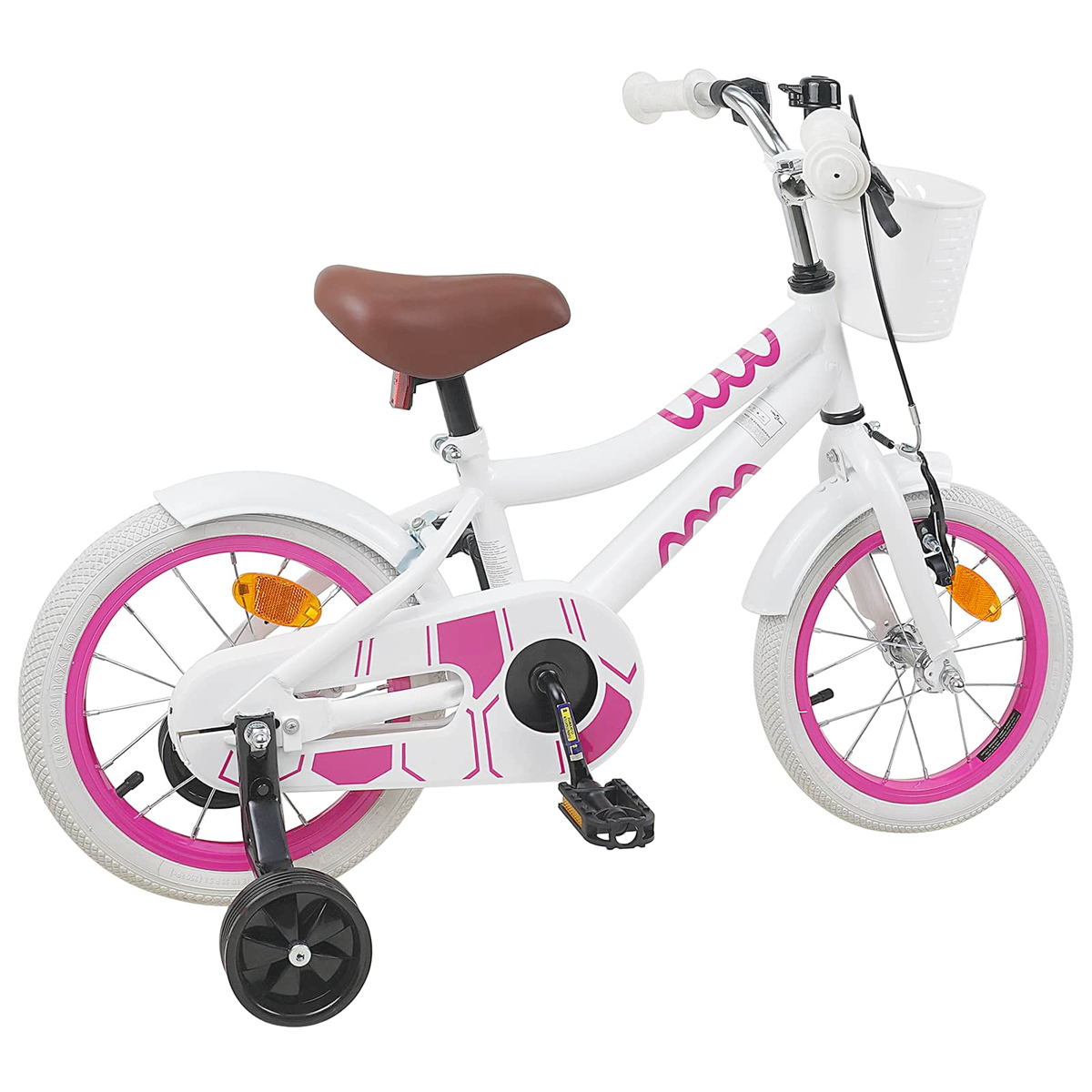 Ein weißes Kinderfahrrad mit rosa Akzenten, Stützrädern und einem weißen Korb.