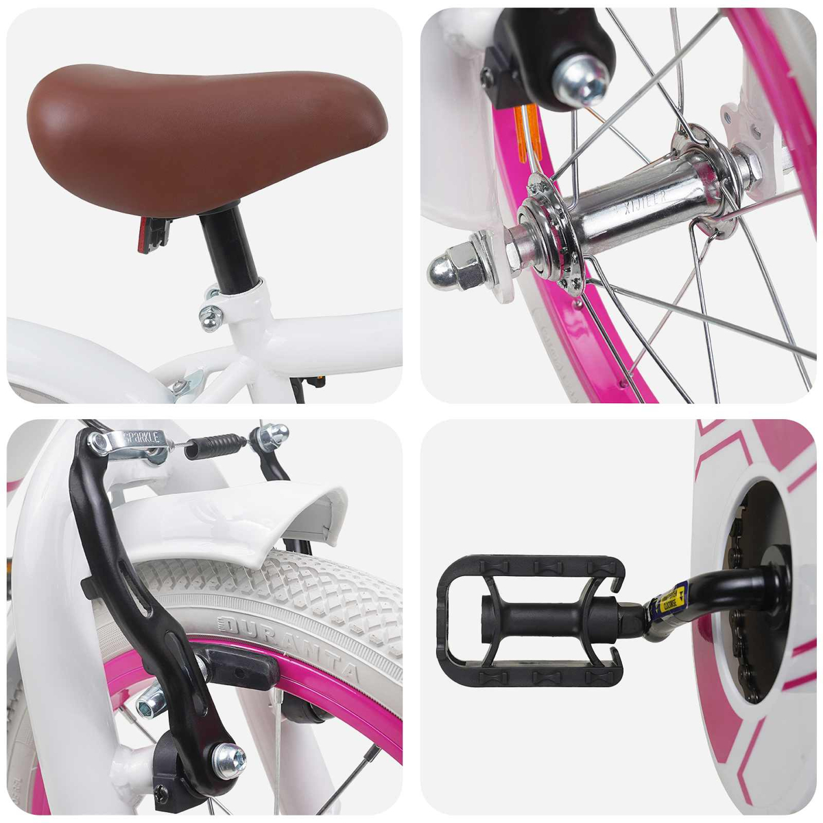 Details einer weißen Kinderfahrrads mit braunem Sattel, rosa Felgen, Bremse und Pedal.