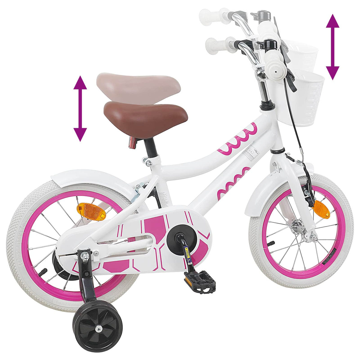 Ein weißes Kinderfahrrad mit rosa Akzenten, Stützrädern und einem Korb.