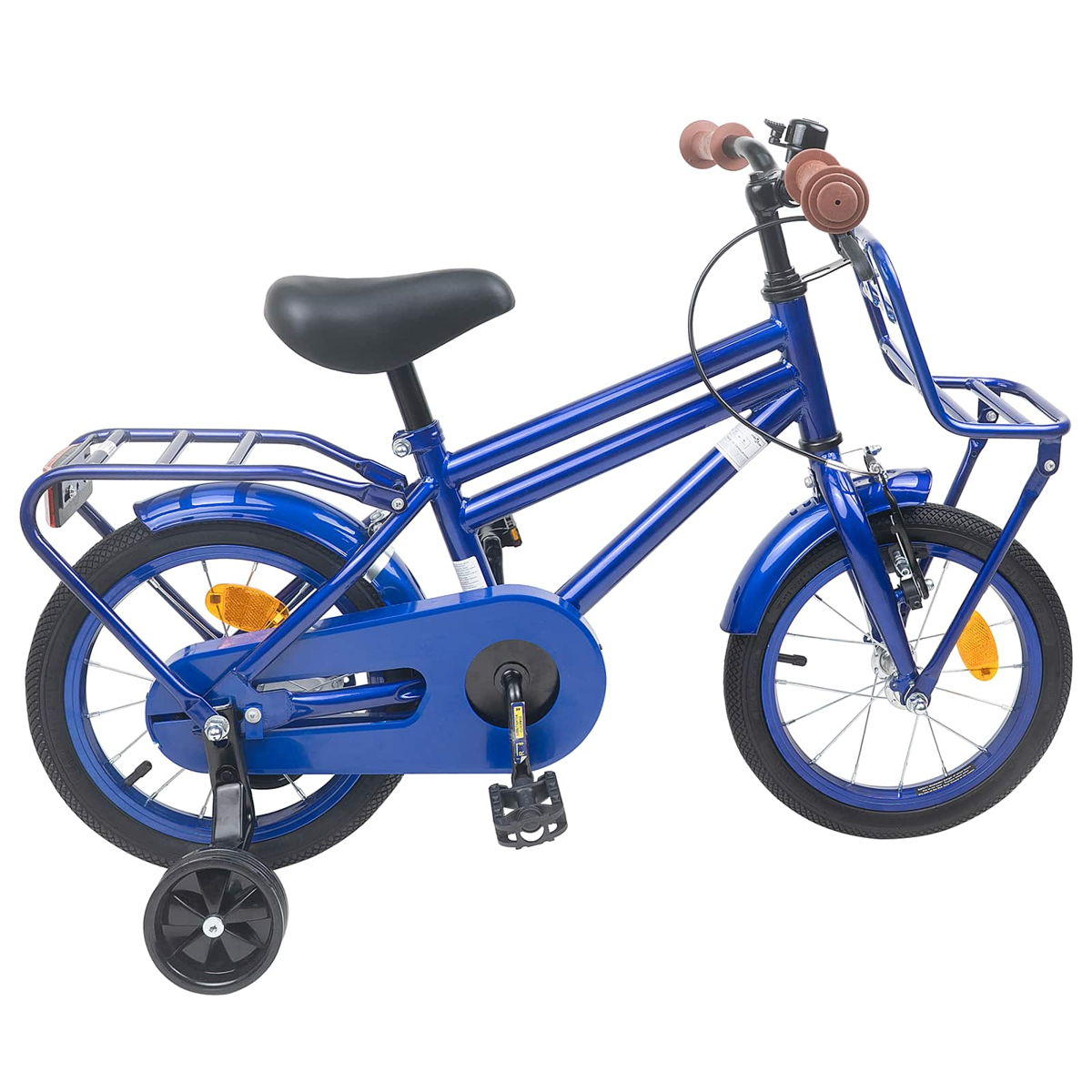 Ein blaues Kinderfahrrad mit Stützrädern, Gepäckträger vorne und hinten.