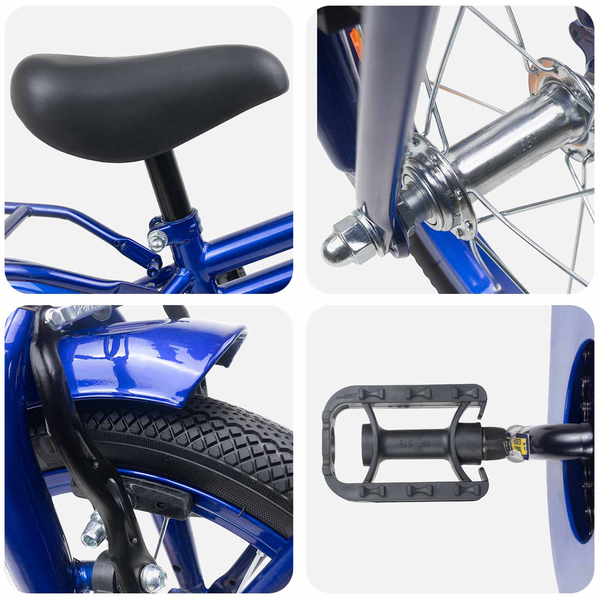 Nahaufnahme eines blauen Fahrrads: Sattel, Vorderradnabe, Schutzblech mit Rad und Pedal.