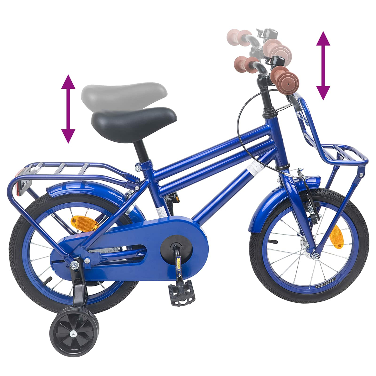 Ein blaues Kinderfahrrad mit Stützrädern, Korb und Gepäckträger.