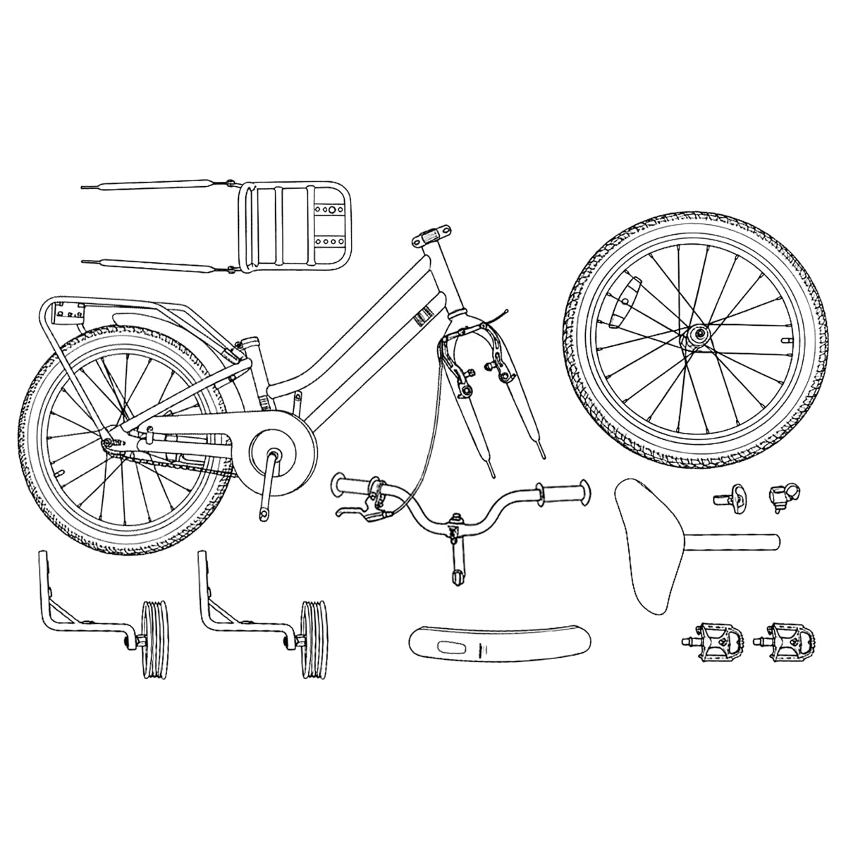 Illustration von Fahrradteilen: Rahmen, Räder, Lenker, Sattel, Pedale, Stützräder.