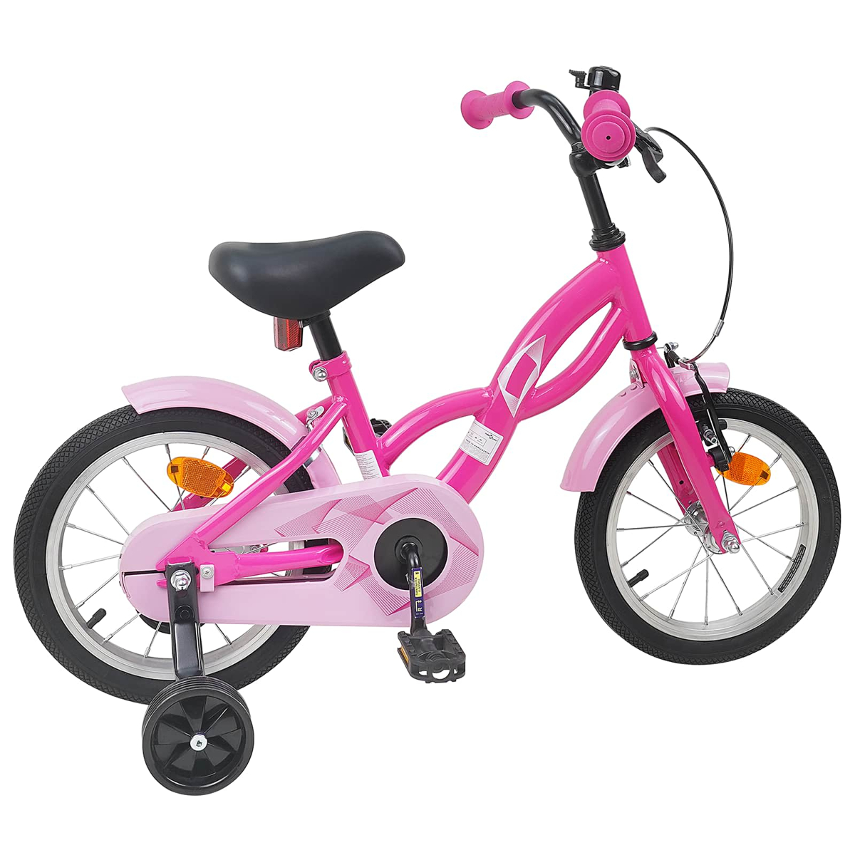 Ein pinkes Kinderfahrrad mit Stützrädern, weißem Hintergrund.