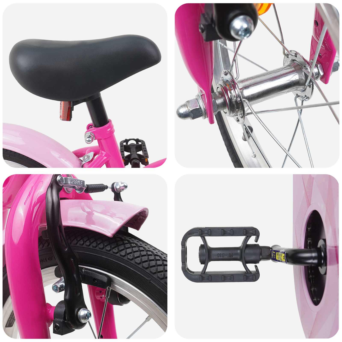Vier Nahaufnahmen eines pinken Kinderfahrrads: Sattel, Vorderradnabe, Vorderradbremse und Pedal.