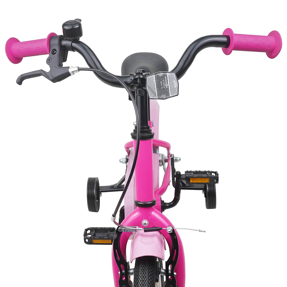 Ein pinkes Kinderfahrrad mit Stützrädern, Lenker und Pedalen.
