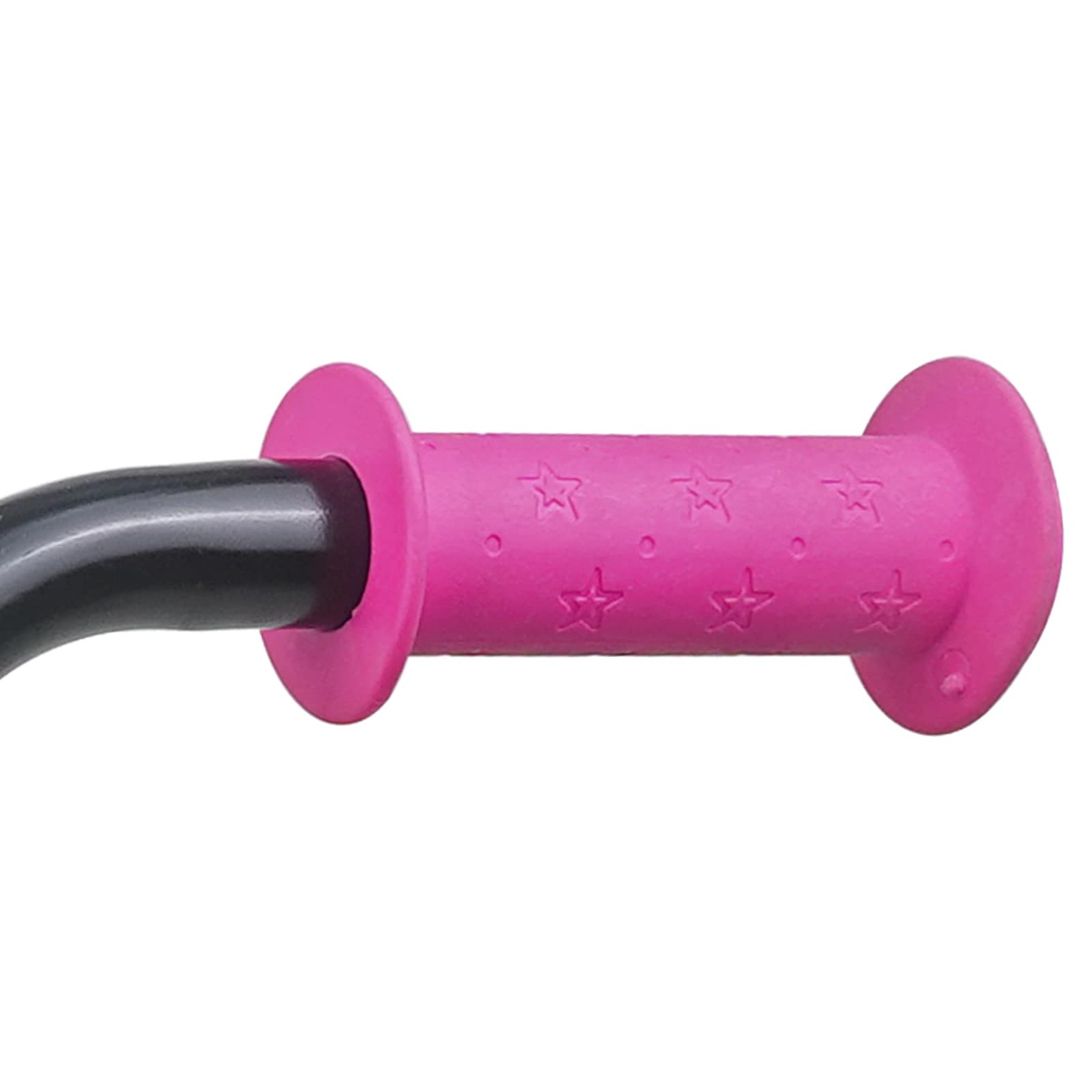 Ein pinker Lenkergriff mit Sternenmuster, an einem schwarzen Lenker befestigt.