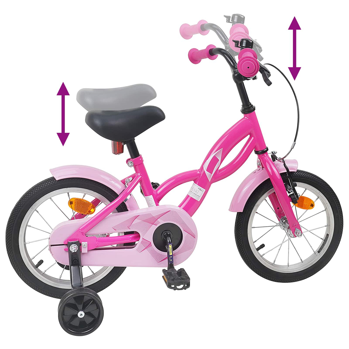 Ein pinkes Kinderfahrrad mit Stützrädern, verstellbarem Sattel und Lenker.
