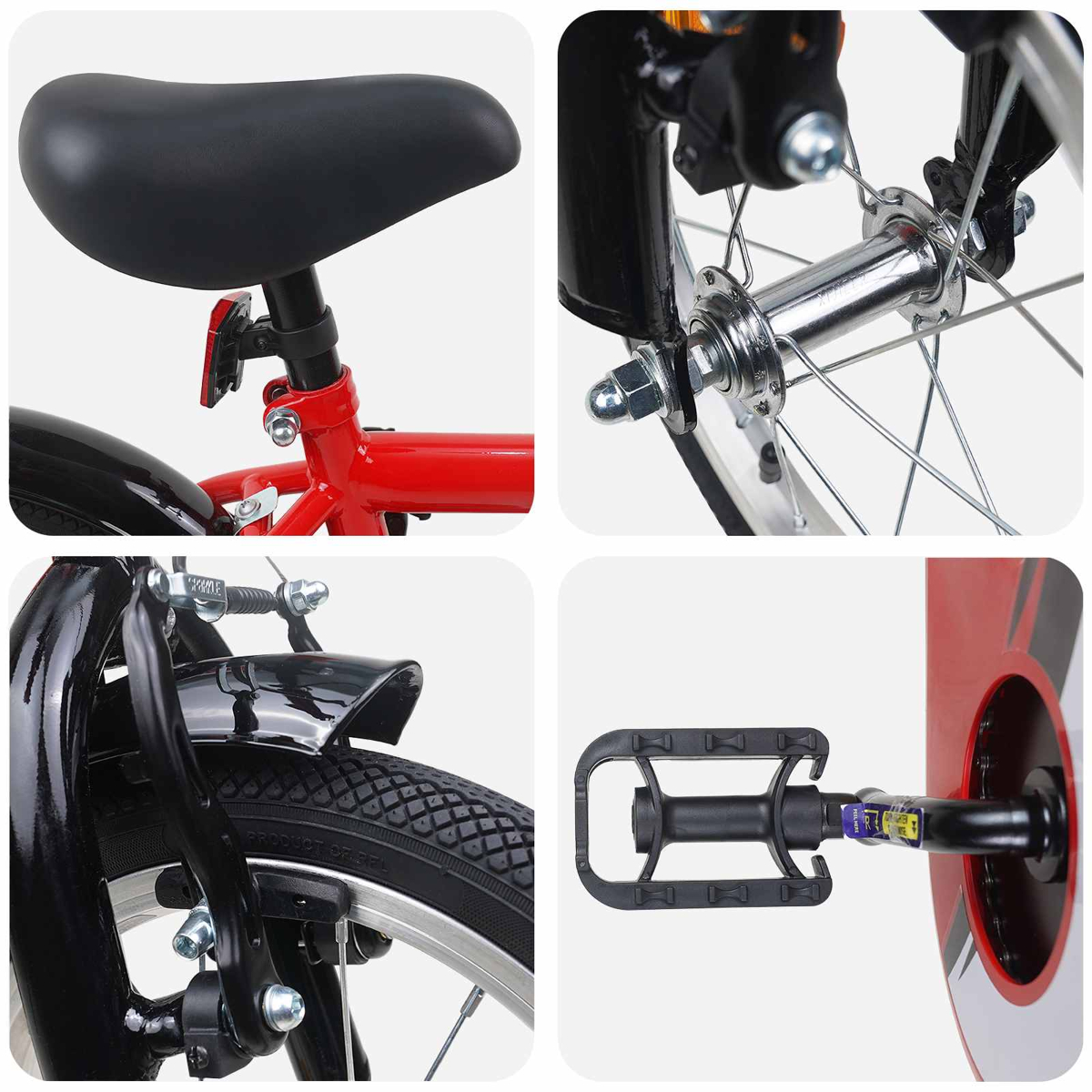 Detailansichten eines roten Fahrrads: Sattel, Vorderradnabe, Bremse und Pedal.
