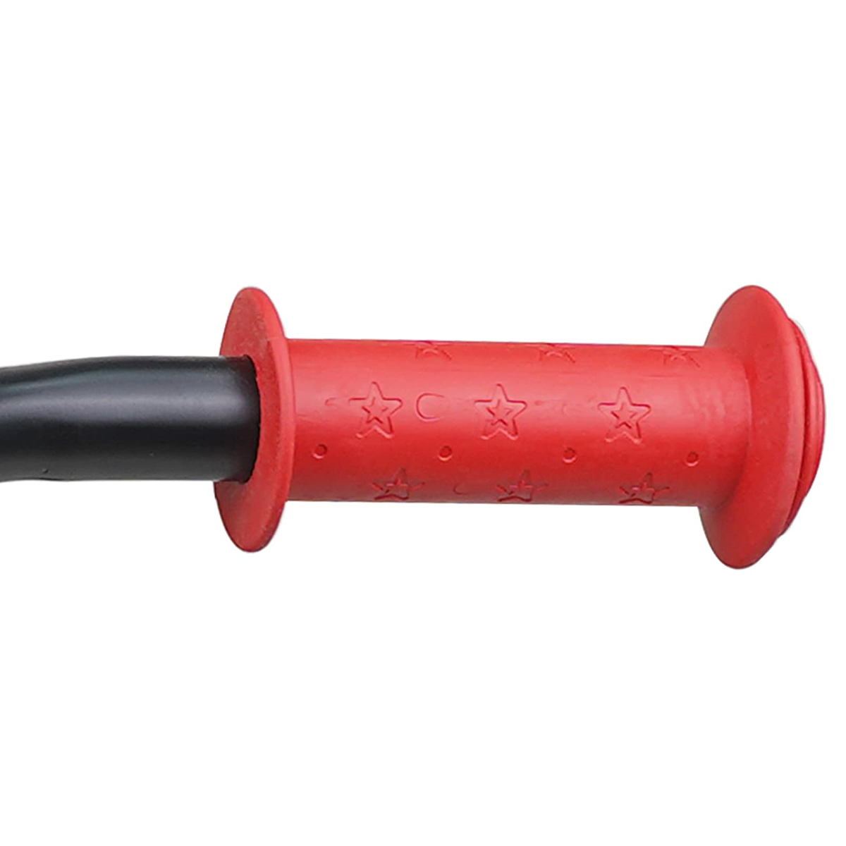 Roter Fahrradlenkergriff mit Sternen. Schwarzer Griff wird am Lenker befestigt.