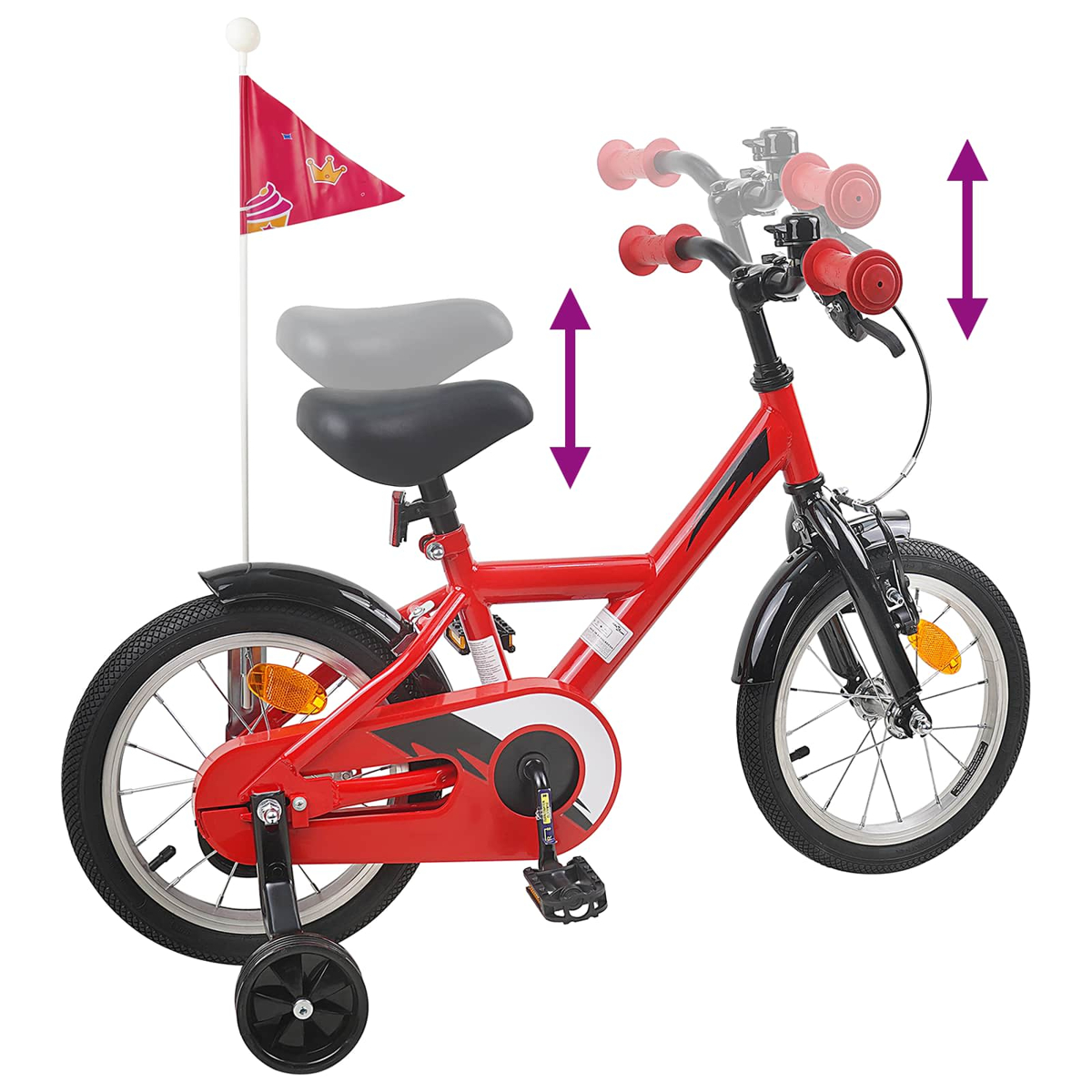 Ein rotes Kinderfahrrad mit Stützrädern, einem Fähnchen und Pfeilen, die auf verstellbare Teile hinweisen.