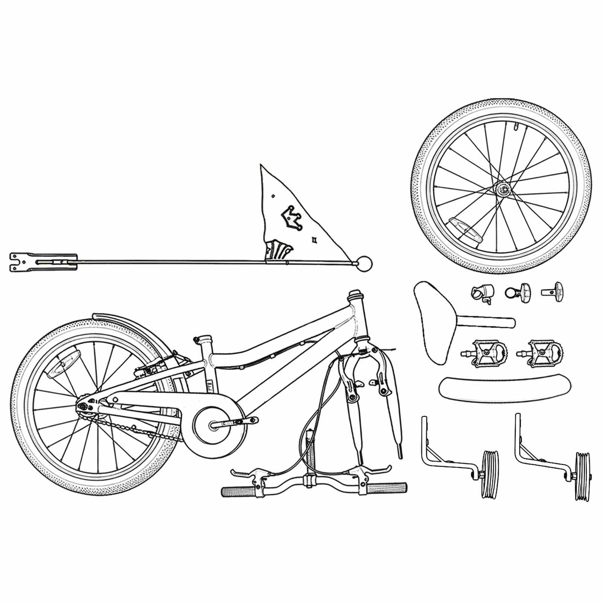 Zeichnung eines Fahrradrahmens mit Rädern, Sitz, Pedalen, Stützrädern und Flagge.