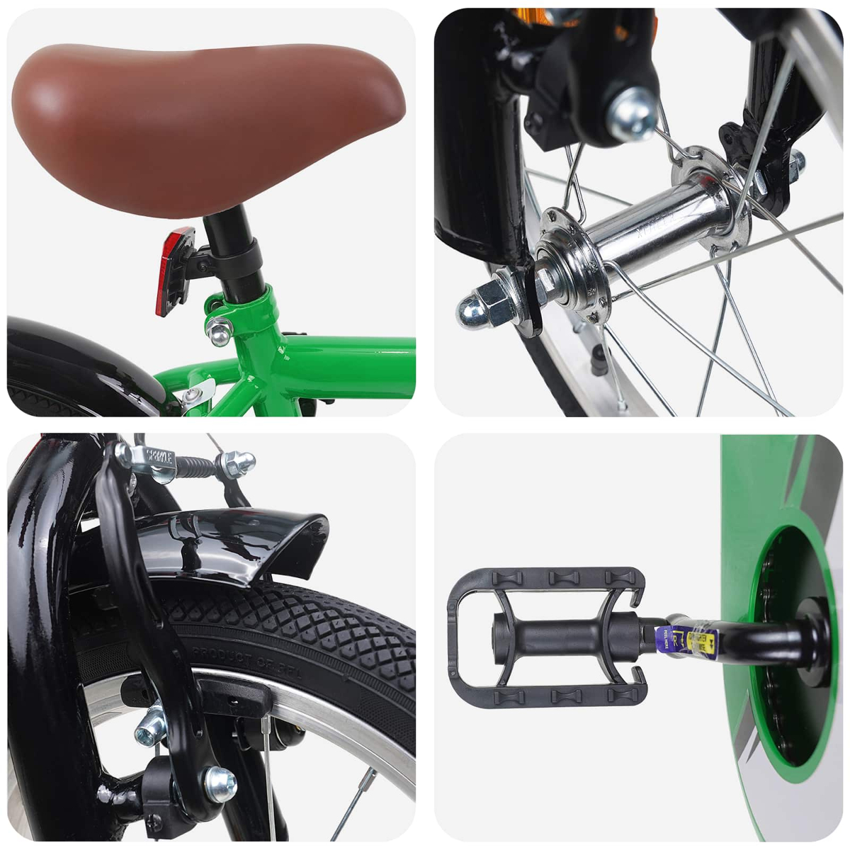 Detailansichten eines grünen Fahrrads: Sattel, Vorderradnabe, Vorderradbremse und Pedal.