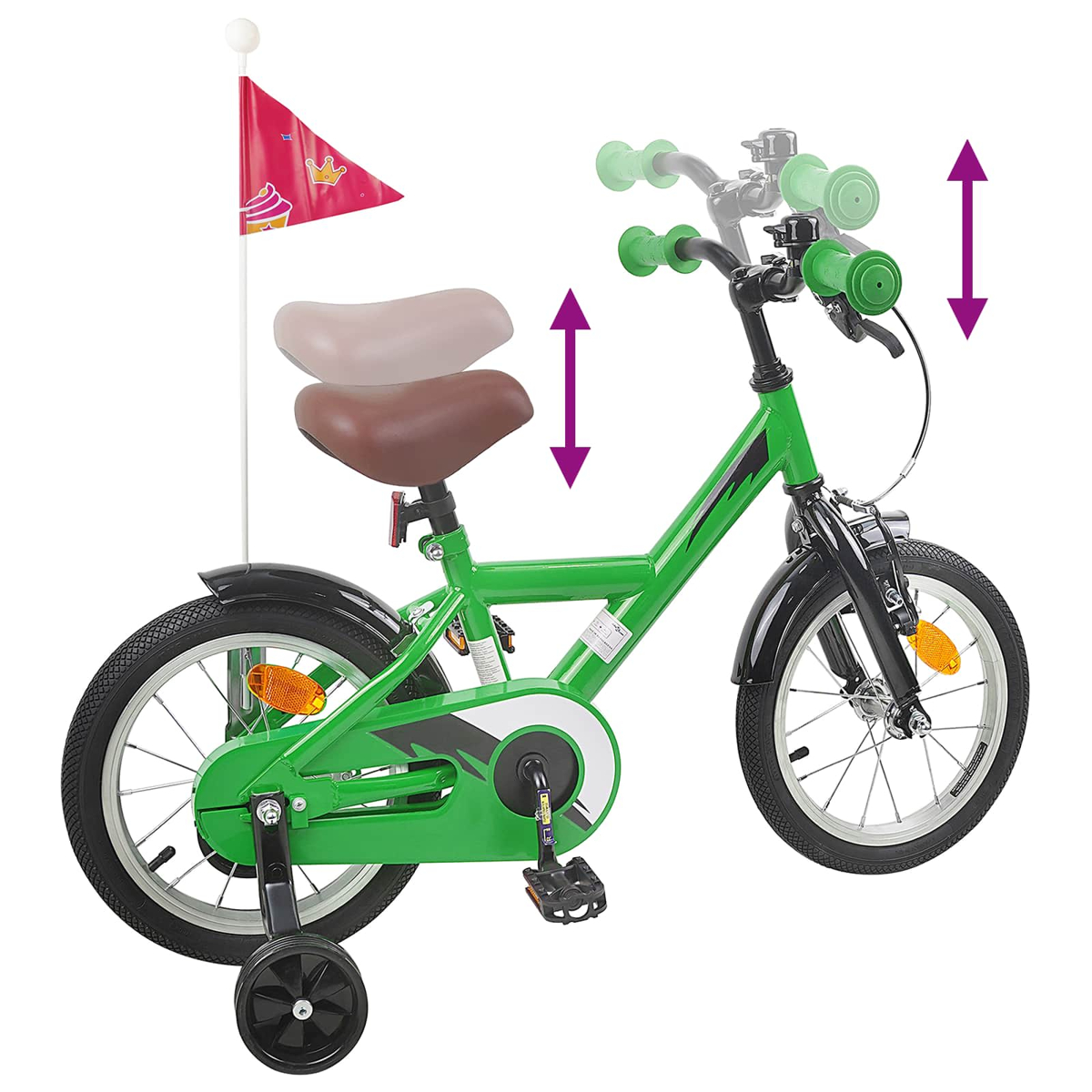 Grünes Kinderfahrrad mit Stützrädern, braunem Sattel und Fähnchen.