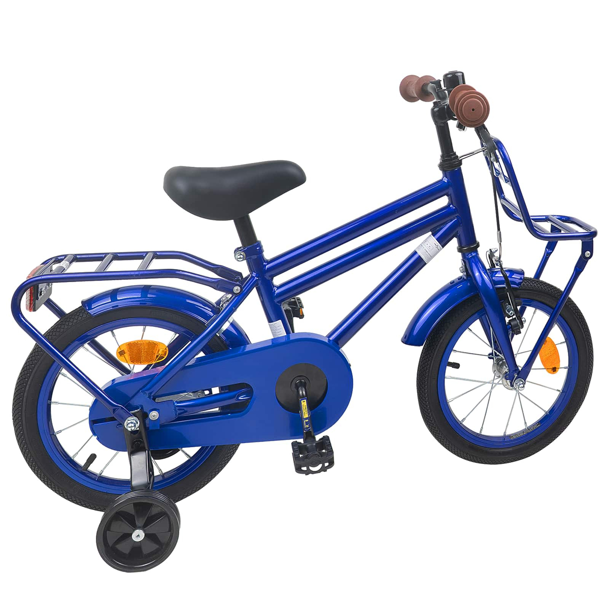 Blaues Kinderfahrrad mit Stützrädern, Gepäckträger und Korb.