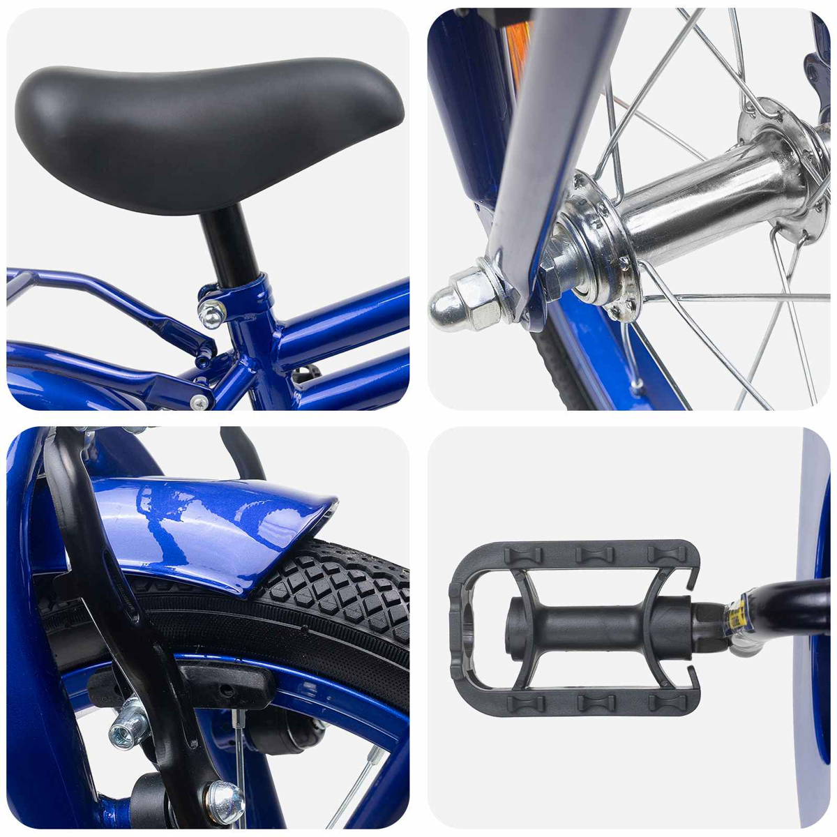 Blauer Fahrradrahmen mit Sattel, Radnabe, Schutzblech und Pedal.