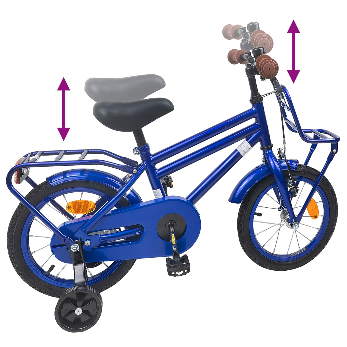 Blaues Kinderfahrrad mit Stützrädern, Korb und verstellbarem Sitz/Lenker.
