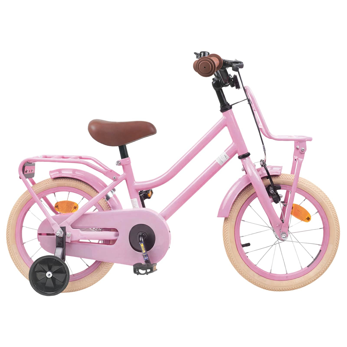 Ein rosa Kinderfahrrad mit braunem Sattel, Gepäckträger und Stützrädern.