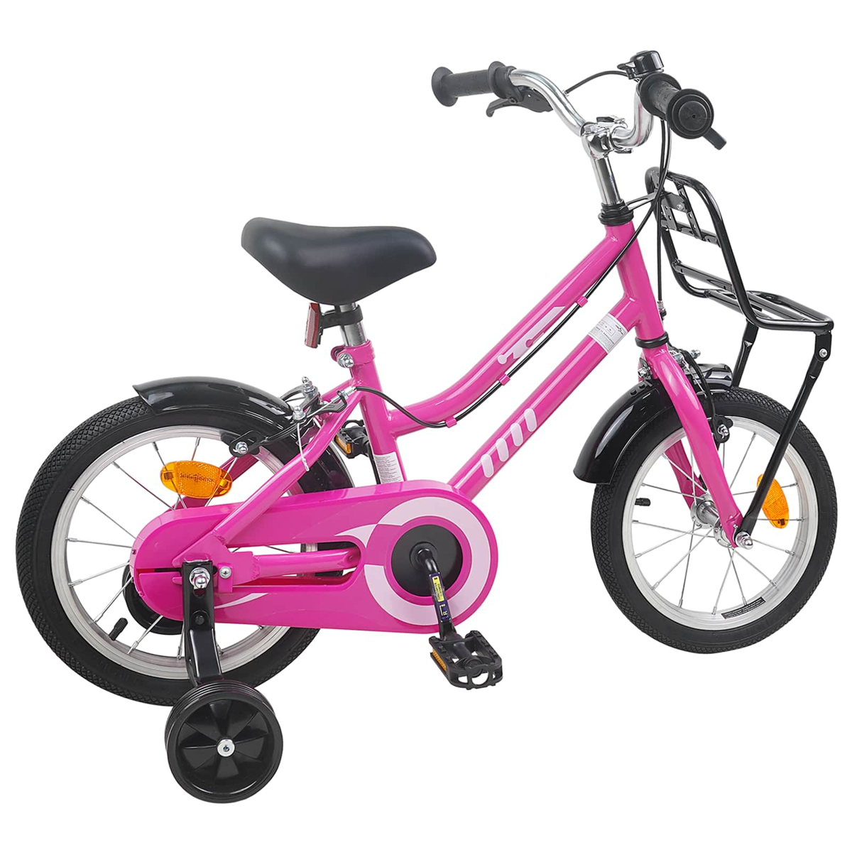 Ein pinkes Kinderfahrrad mit Stützrädern, schwarzem Sattel, Lenker und Gepäckträger.