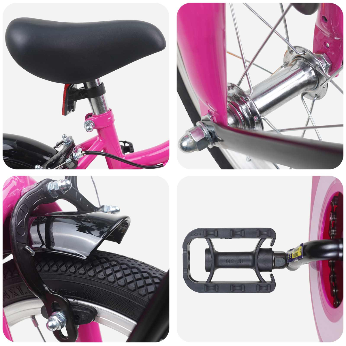 Nahaufnahme eines rosa Fahrradsattels, einer Vordergabel, einer Hinterradbremse und eines Pedals.