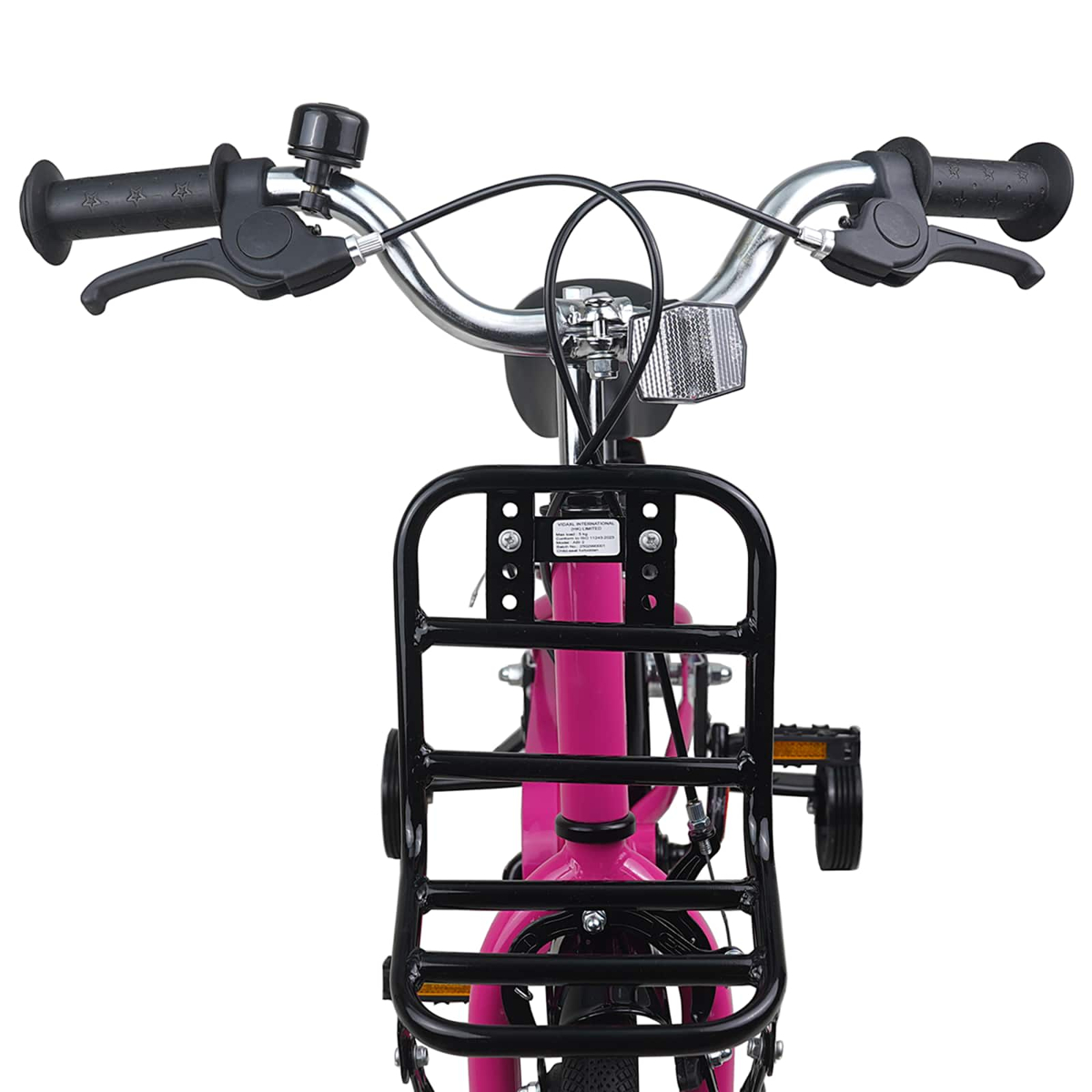Vorderansicht eines pinken Fahrrads mit schwarzem Gepäckträger, Lenker und Klingel.