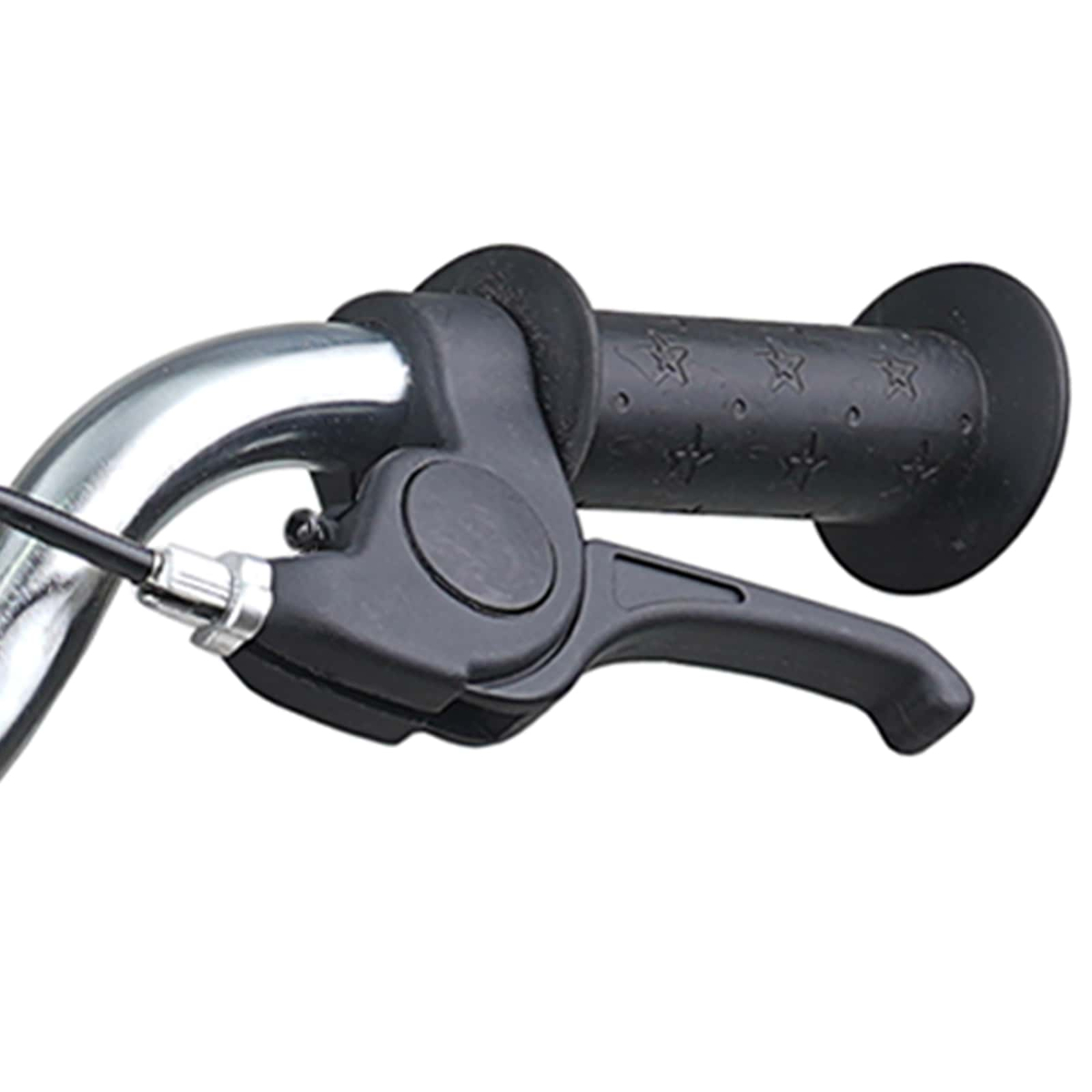Nahaufnahme einer Fahrradbremse mit schwarzem Griff und silbernem Lenker.
