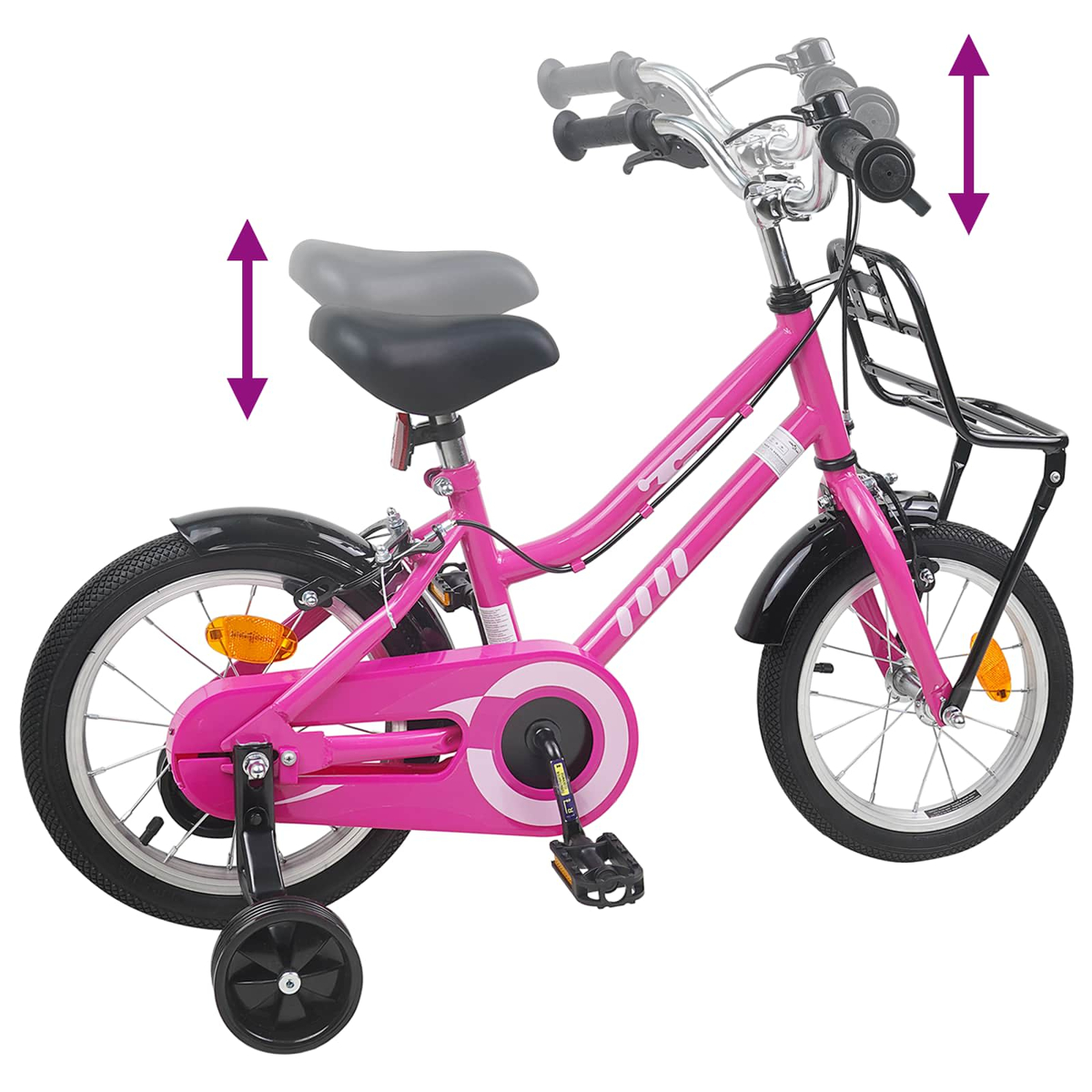 Ein pinkes Kinderfahrrad mit Stützrädern, einem Korb und verstellbarem Sattel/Lenker.