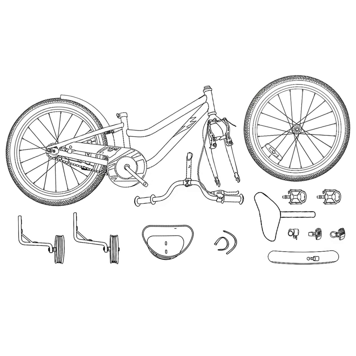 Zeichnung eines Fahrradrahmens mit Rädern, Lenker, Pedalen und Stützrädern.