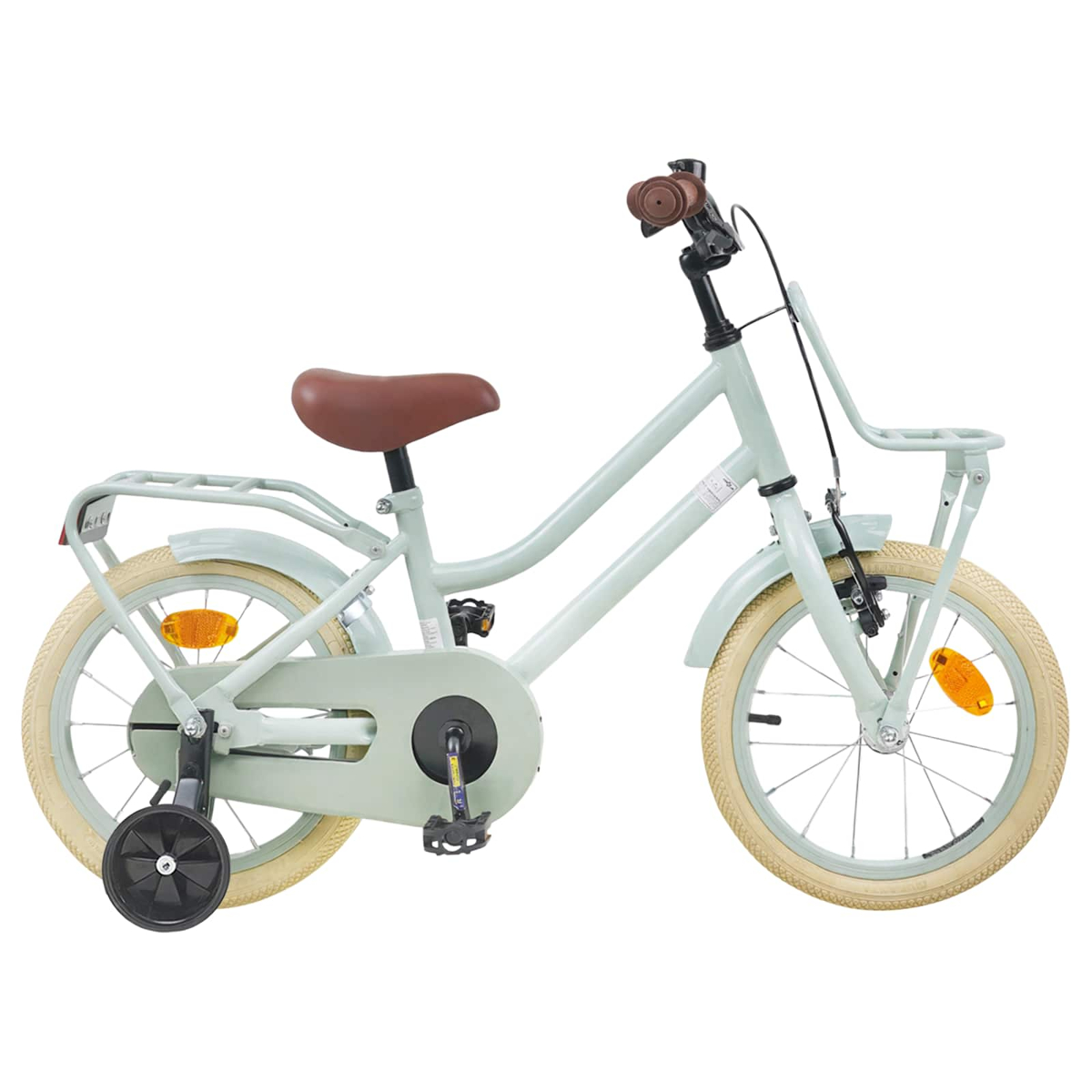 Ein hellgrünes Fahrrad mit braunem Sitz und Lenker, und Stützrädern.