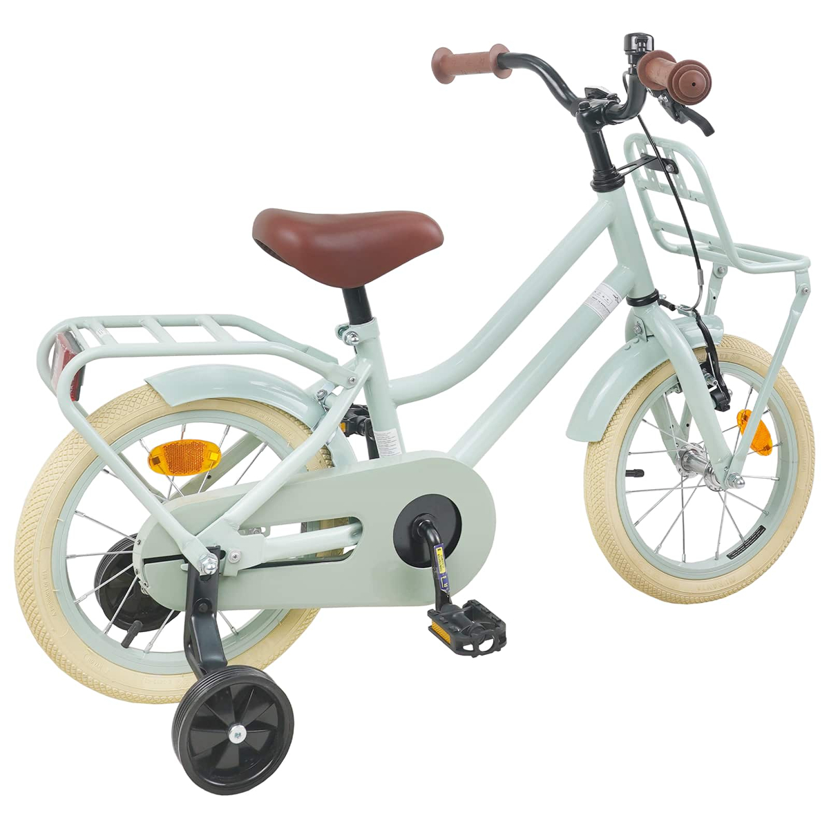 Hellgrünes Kinderfahrrad mit braunem Sattel, Stützrädern und Gepäckträger.