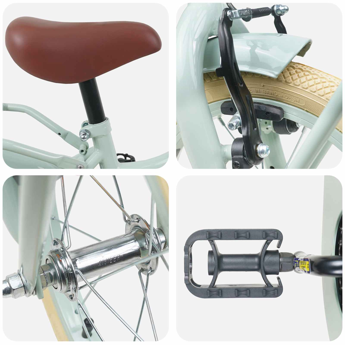 Ein Fahrrad im Detail: Sattel, Bremse, Nabe und Pedal.