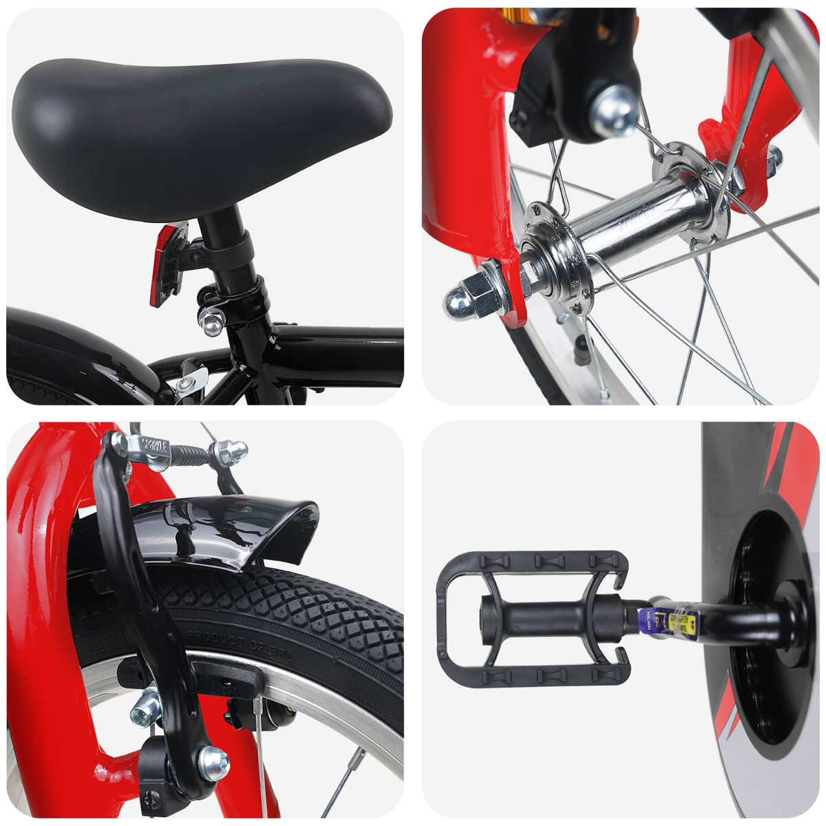 Details eines roten Fahrrads: Sattel, Vorderradnabe, Bremse und Pedal.