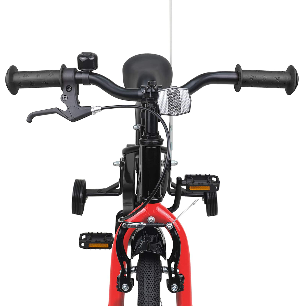 Vorderansicht eines roten Kinderfahrrads mit Stützrädern, Lenker und Pedalen.