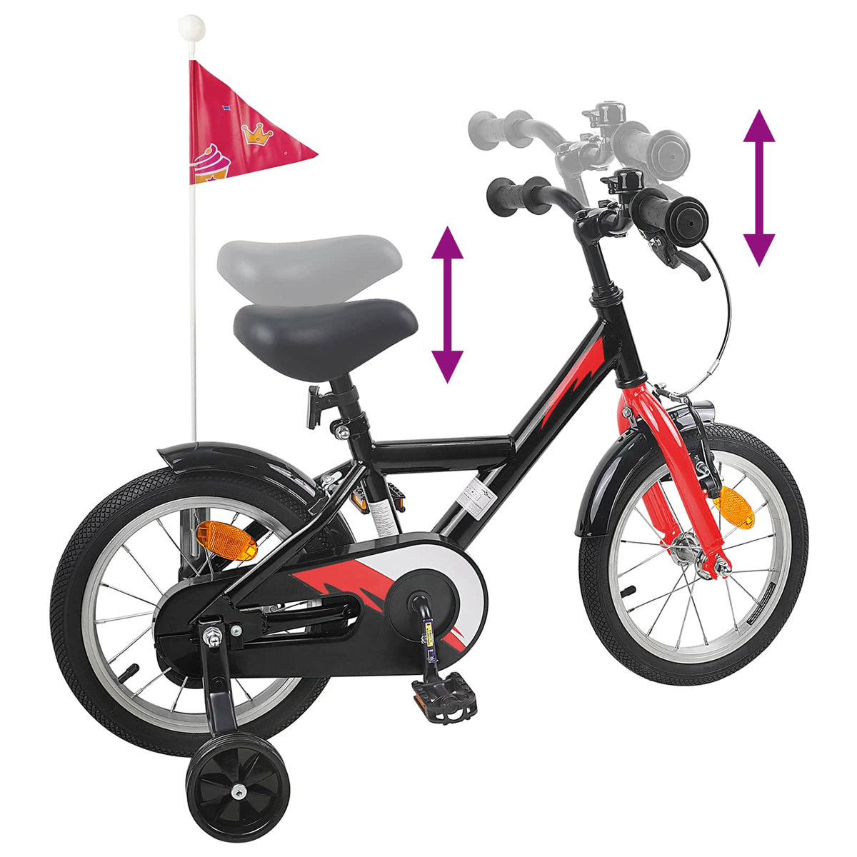 Ein schwarzes und rotes Kinderfahrrad mit Stützrädern, einer Fahne und Höhenverstellpfeilen.
