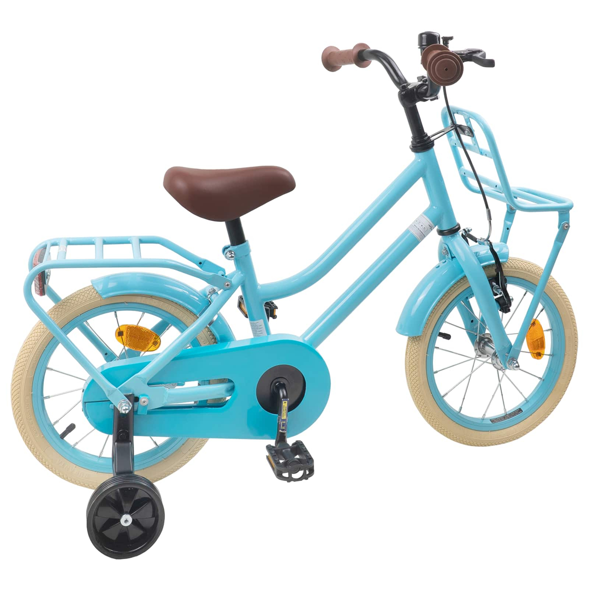 Ein hellblaues Kinderfahrrad mit braunem Sattel, Stützrädern und einem vorderen Korb.