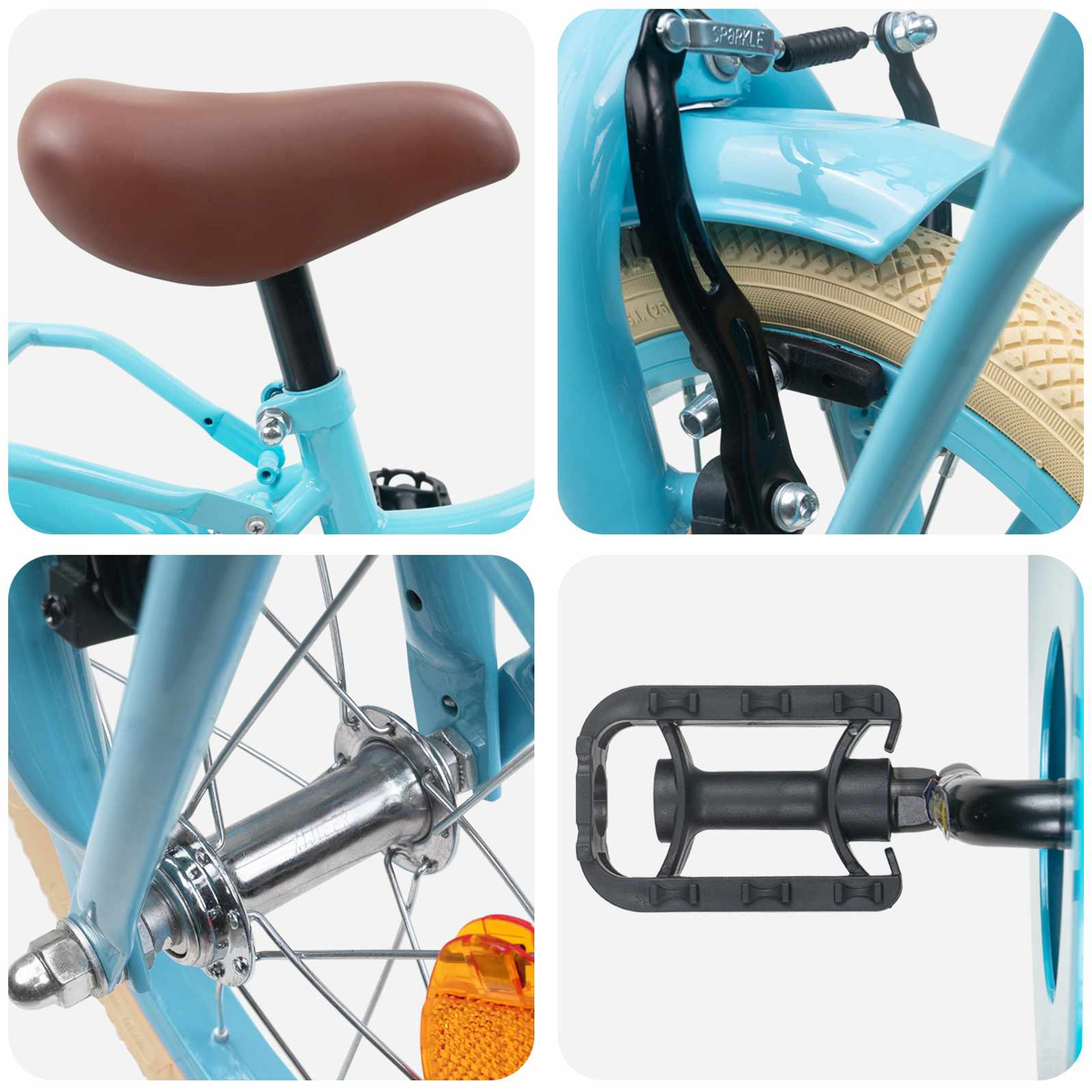 Vier Ansichten eines blauen Fahrrads: Sattel, Bremse, Radnabe und Pedal.