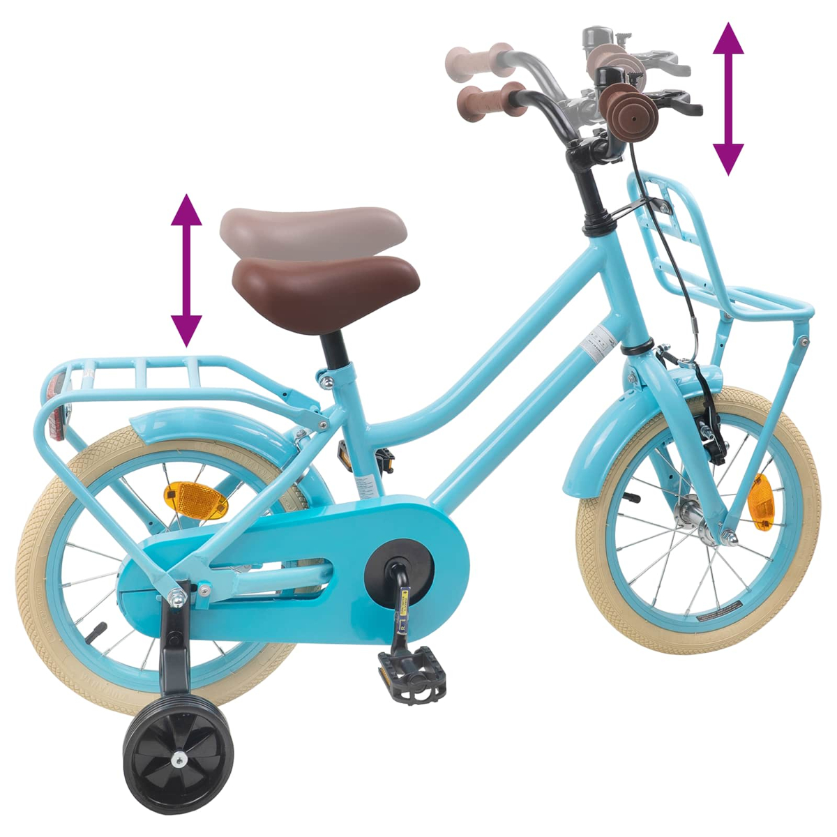 Ein blaues Kinderfahrrad mit Stützrädern und verstellbarem Sitz/Lenker.