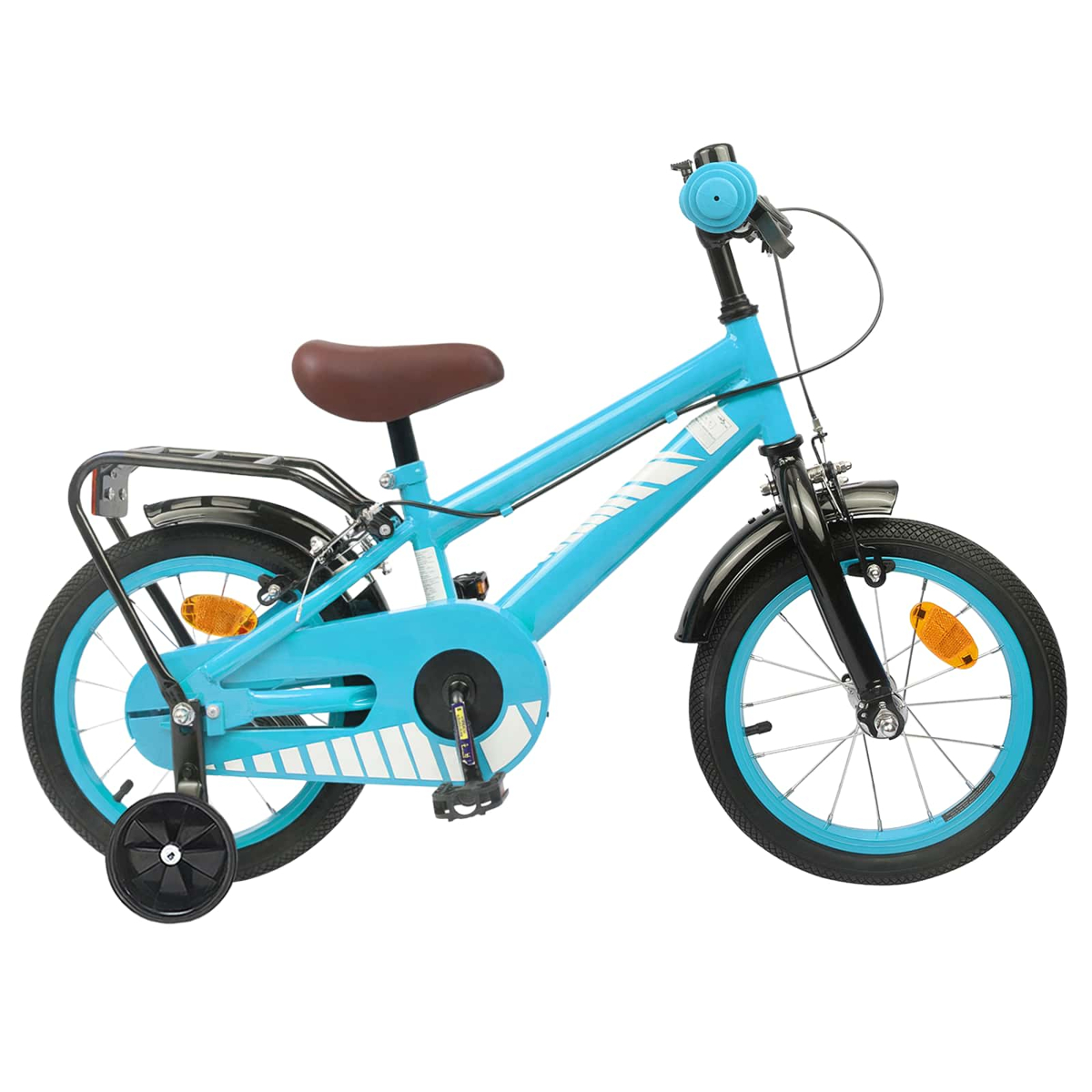 Ein hellblaues Kinderfahrrad mit braunem Sattel und Stützrädern.