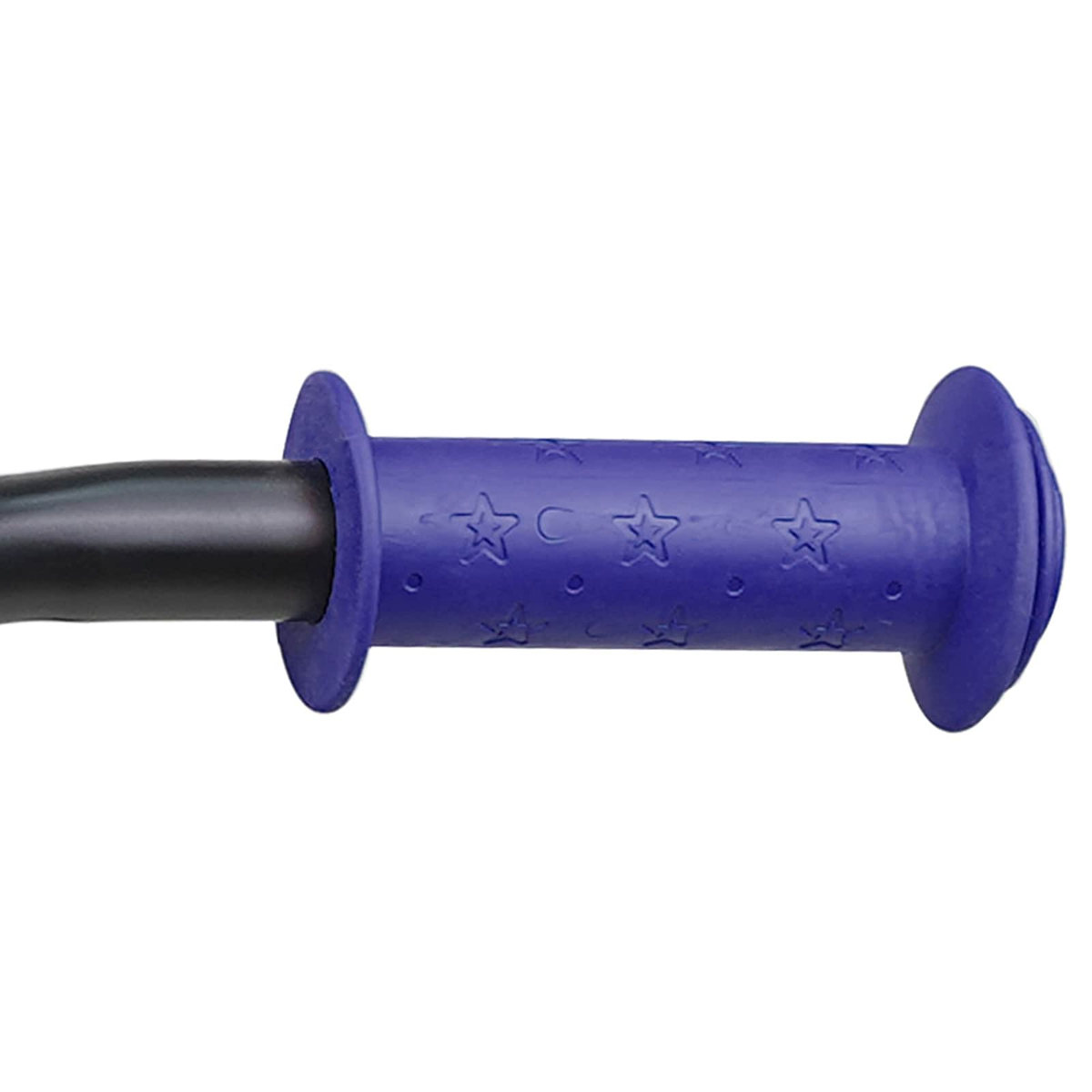 Ein violetter Fahrradgriff mit Sternenmuster und schwarzem Ende.