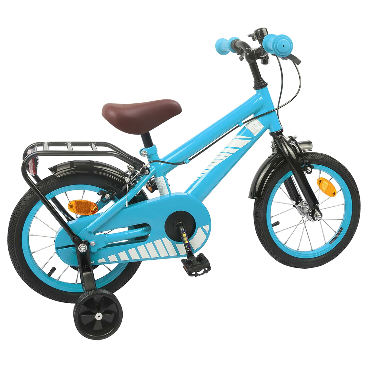 Ein hellblaues Kinderfahrrad mit braunem Sattel, Gepäckträger und Stützrädern.