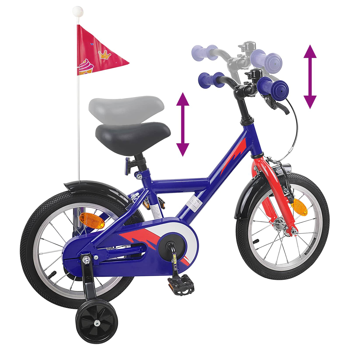 Ein blaues Kinderfahrrad mit Stützrädern, roter Fahne und verstellbarem Lenker/Sattel.