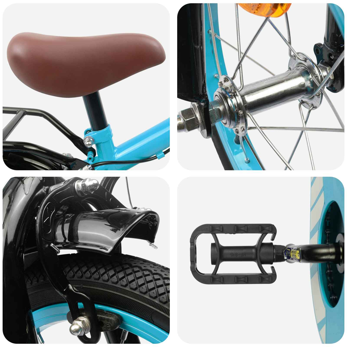Details eines blauen Fahrrads: Sattel, Radnabe, Bremse und Pedal.