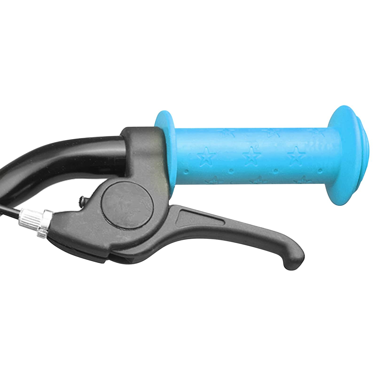 Ein blauer Fahrradgriff mit Sternenmuster und schwarzem Bremshebel.