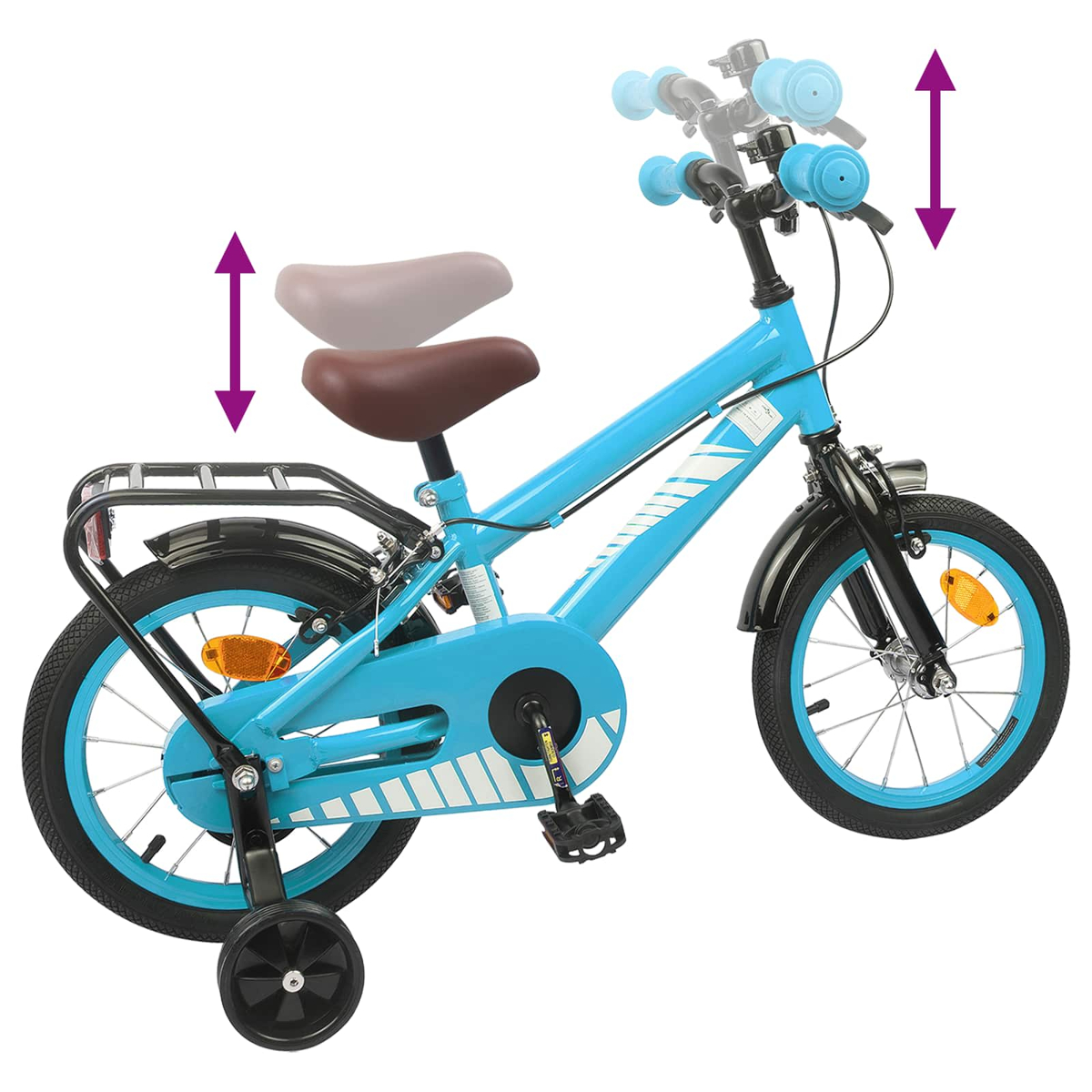 Blaues Kinderfahrrad mit Stützrädern, verstellbarem Sattel und Lenker.