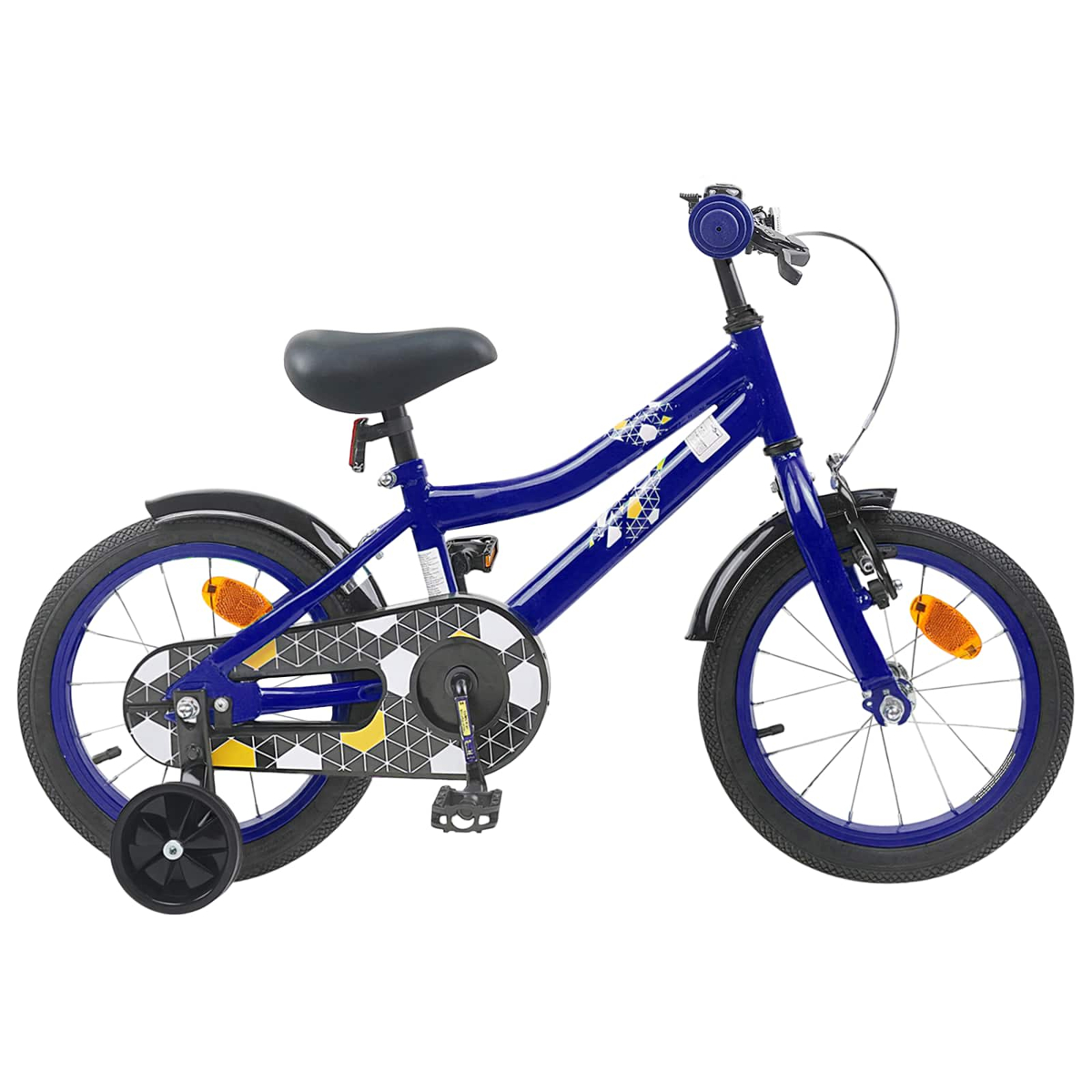 Ein blaues Kinderfahrrad mit Stützrädern, Reflektoren und geometrischem Muster.